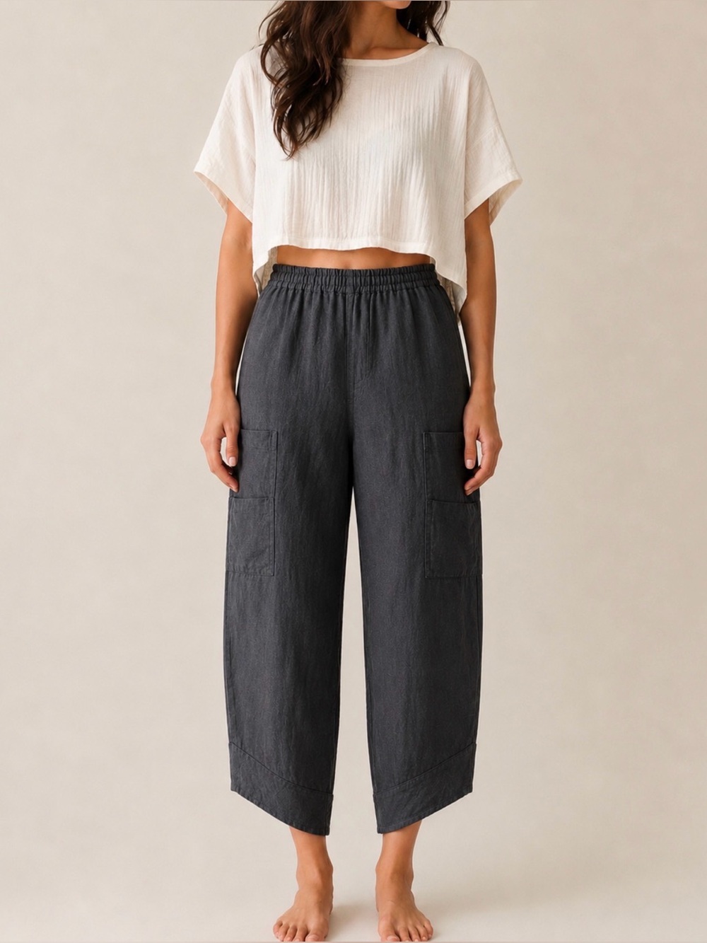 Black Linen Cropped Utility Pants Medium Elastic Waist Pockets Made in Italy
